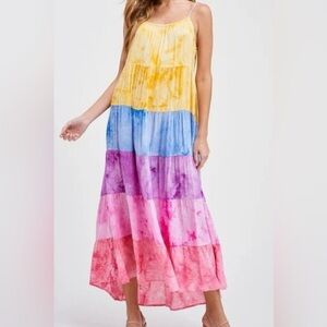 white birch Dip Dye Ombre Tiered Maxi Sun Dress Shoulder Ties Size L